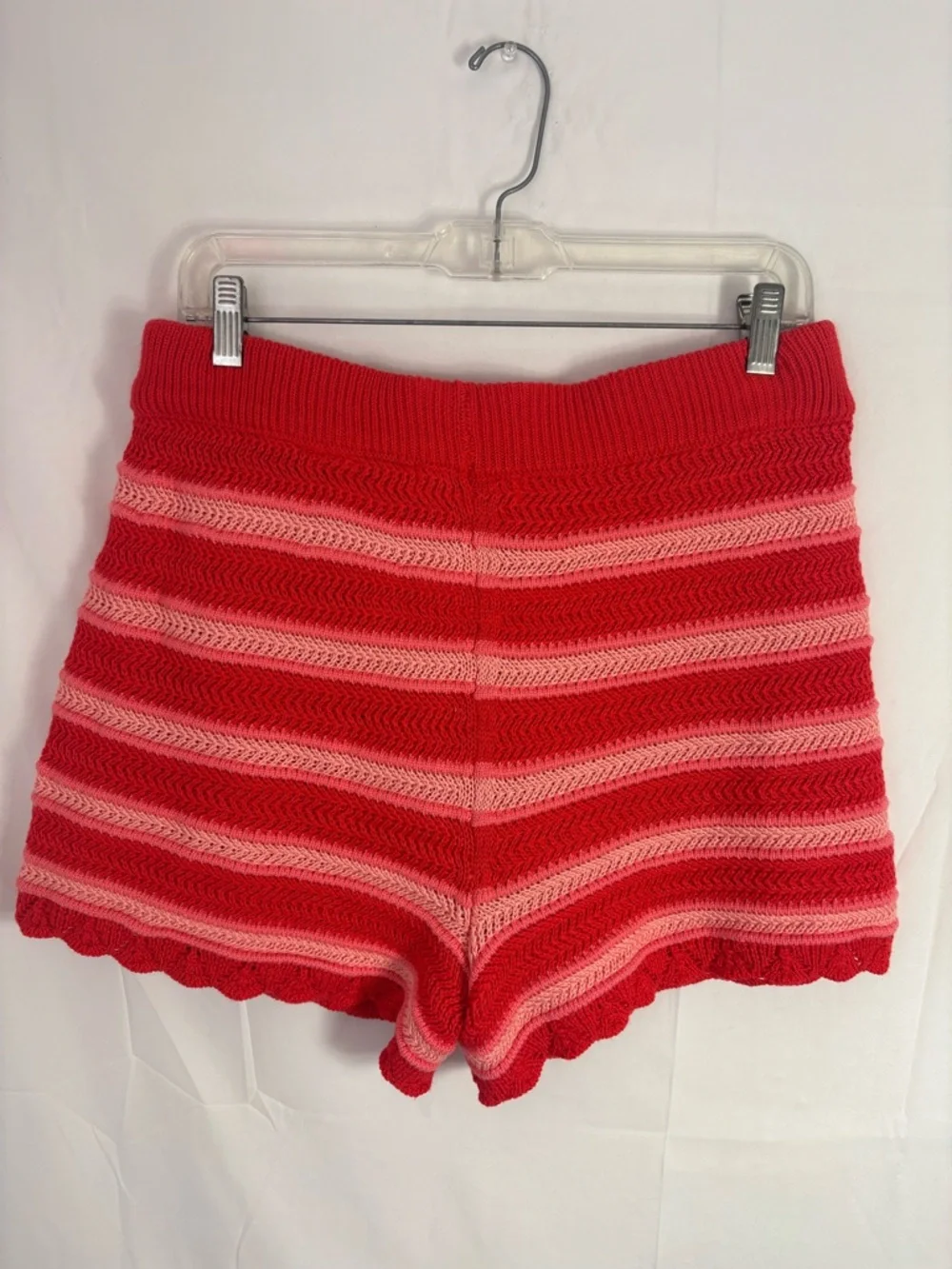 Striped Red Crochet Knit Beaded Draw String Pull On Retro Boho Shorts Size XL - Picture 3 of 9